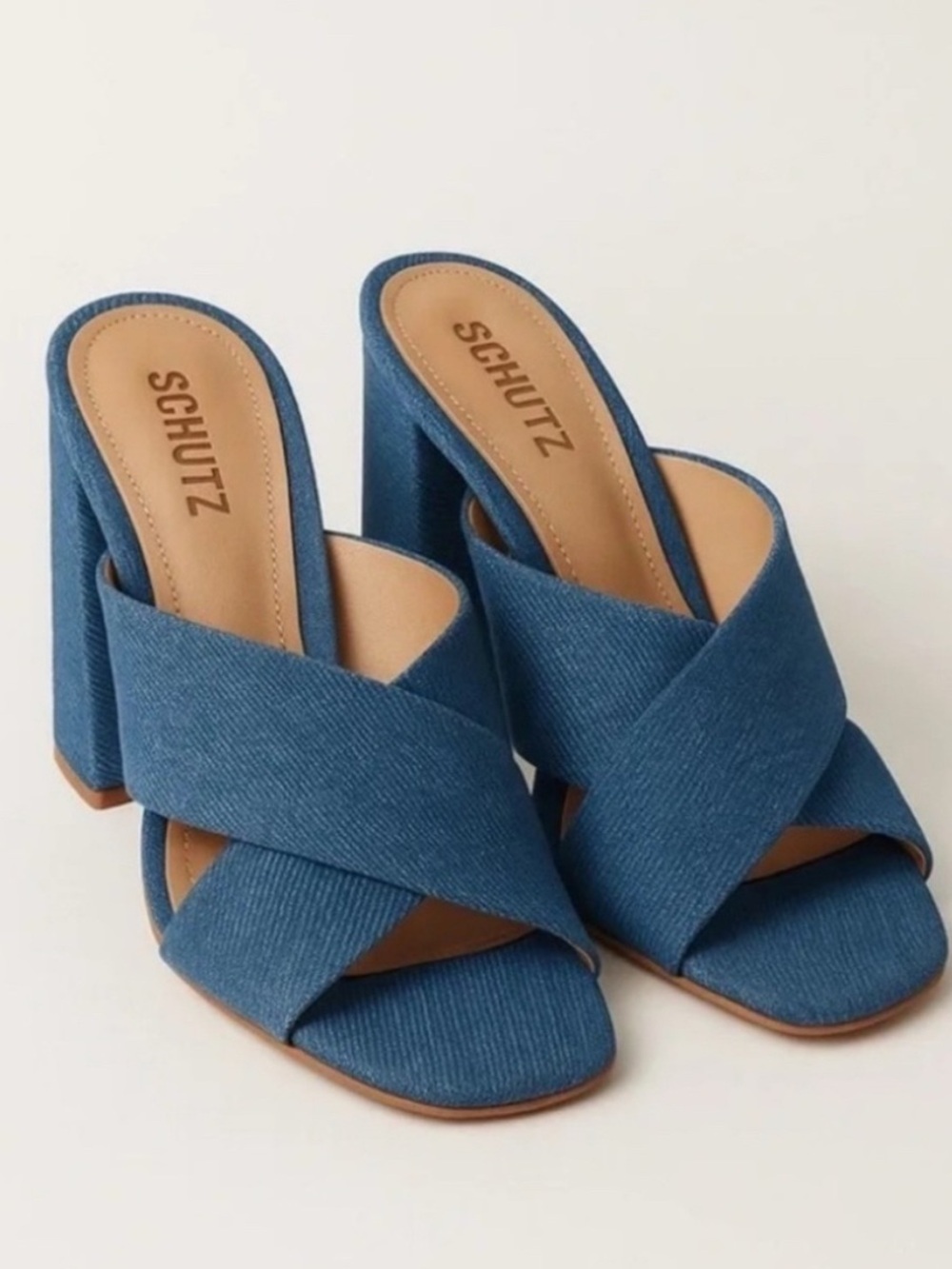 Schutz Callie Sandal Denim Blue Chunky Block Heel Cross Over Slip On